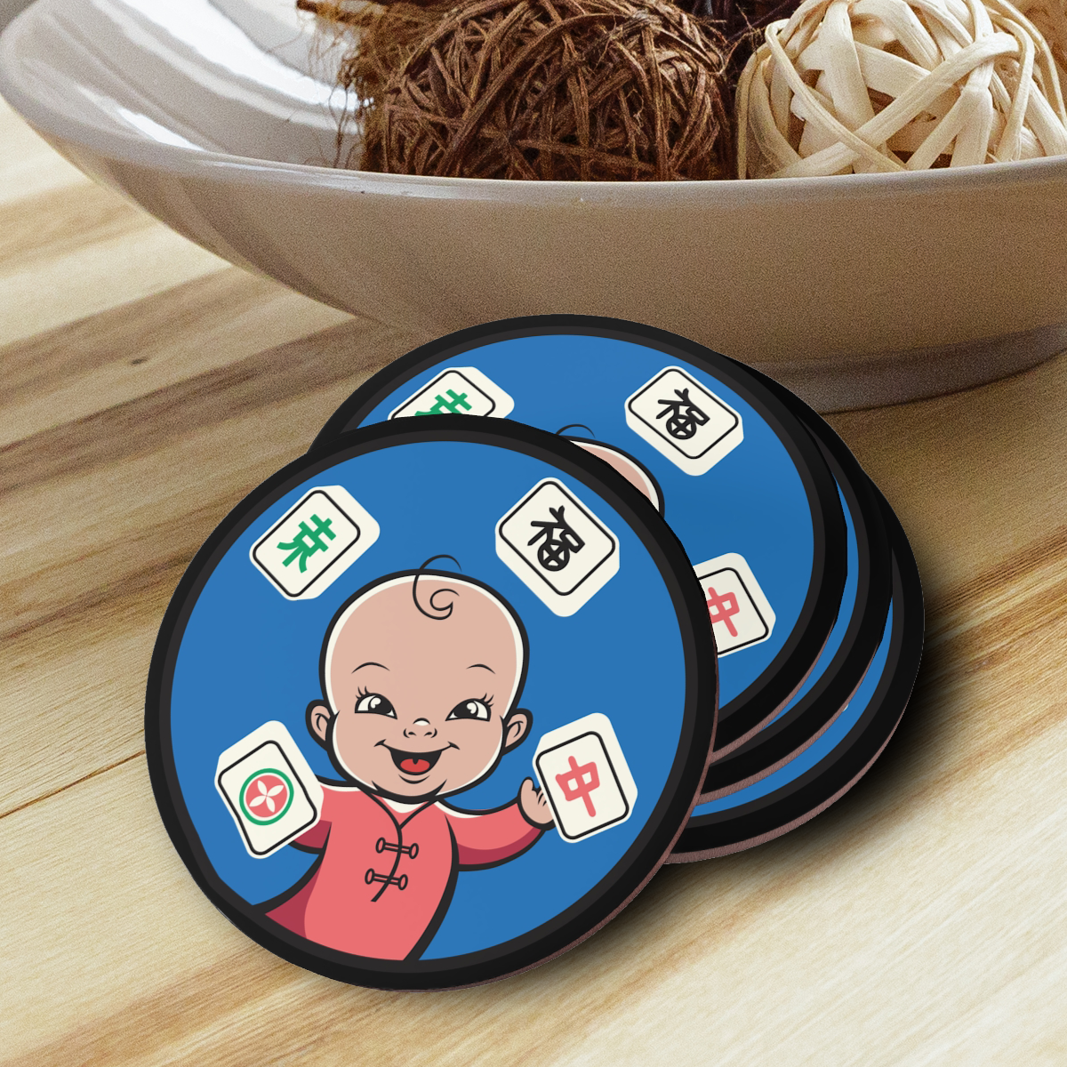 Mahjong Baby Coasters | Black & Blue Retro Tile Drink Coasters (Round or Square) - Image 5