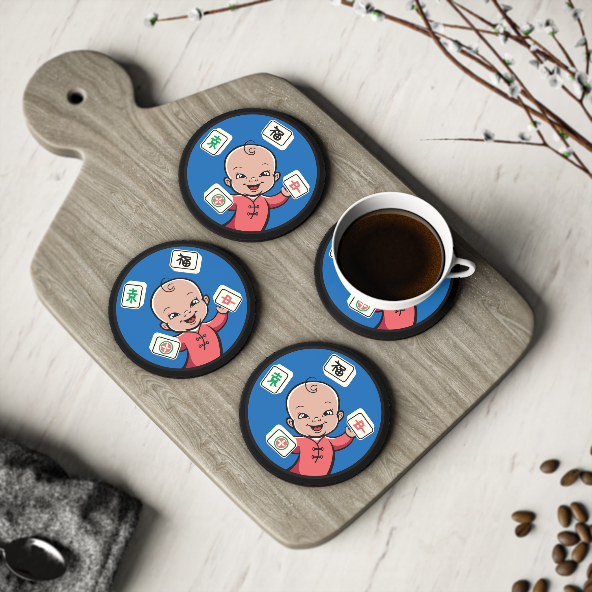 Mahjong Baby Coasters | Black & Blue Retro Tile Drink Coasters (Round or Square) - Image 7