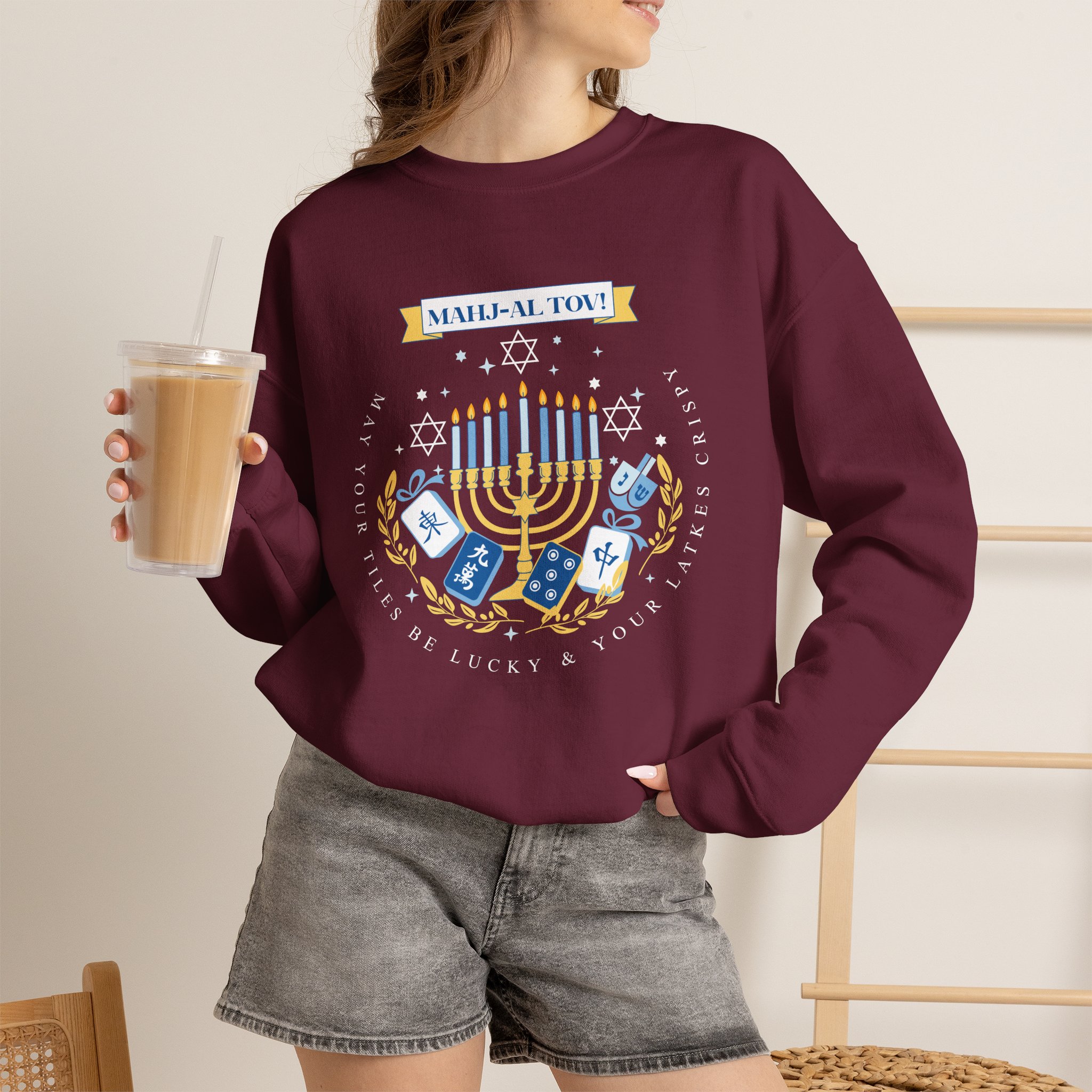 Mahj-al Tov! Hanukkah Mahjong Crewneck Sweatshirt | Lucky Tiles & Crispy Latkes Unisex Holiday Shirt - Image 12