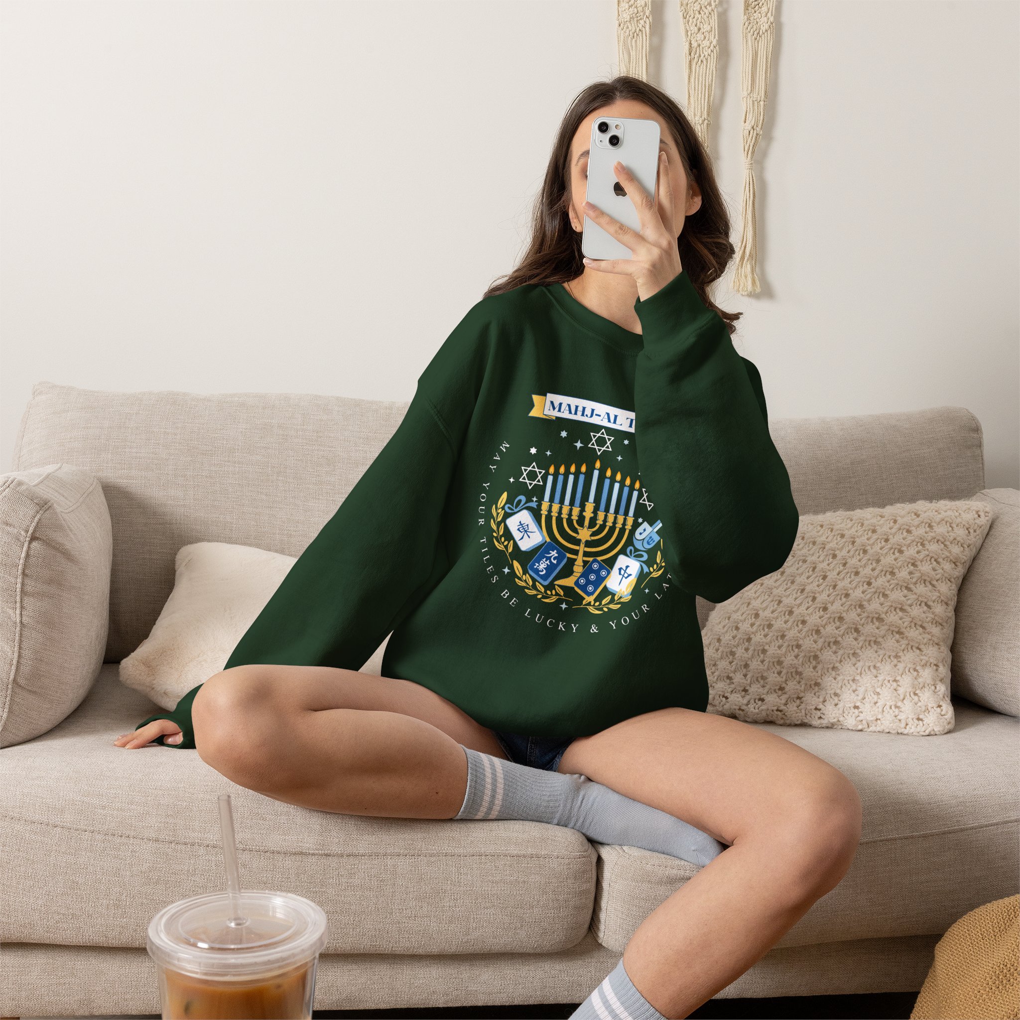 Mahj-al Tov! Hanukkah Mahjong Crewneck Sweatshirt | Lucky Tiles & Crispy Latkes Unisex Holiday Shirt - Image 27