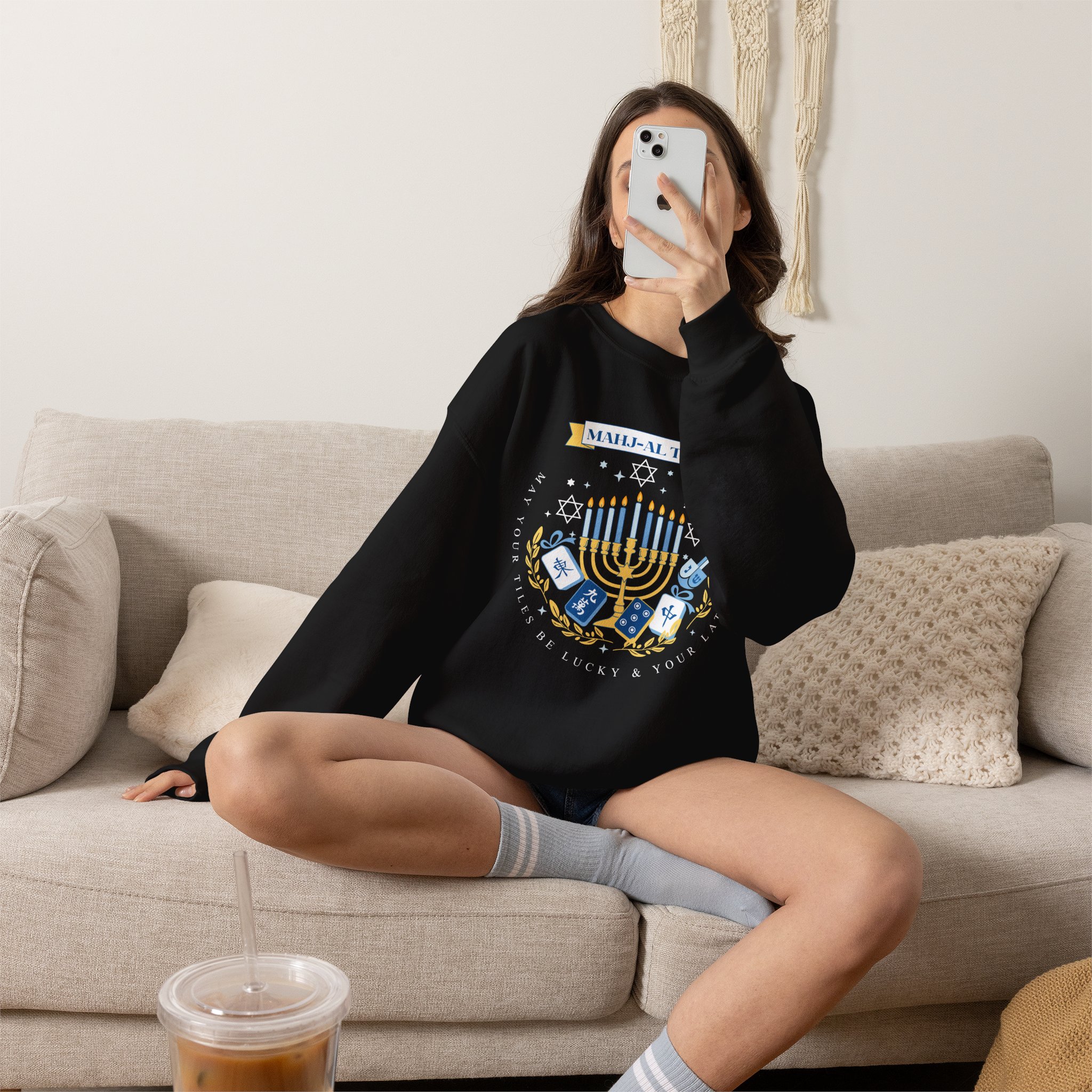 Mahj-al Tov! Hanukkah Mahjong Crewneck Sweatshirt | Lucky Tiles & Crispy Latkes Unisex Holiday Shirt - Image 6