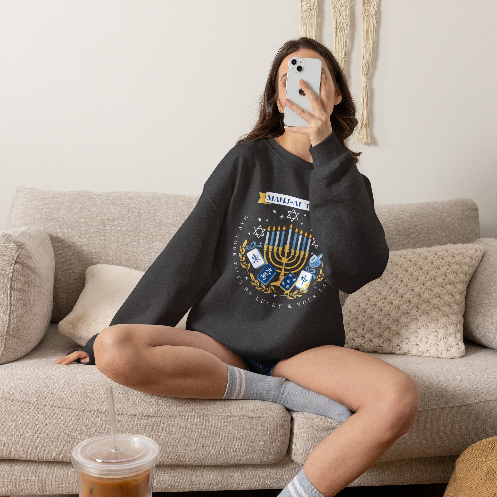 Mahj-al Tov! Hanukkah Mahjong Crewneck Sweatshirt | Lucky Tiles & Crispy Latkes Unisex Holiday Shirt - Image 34