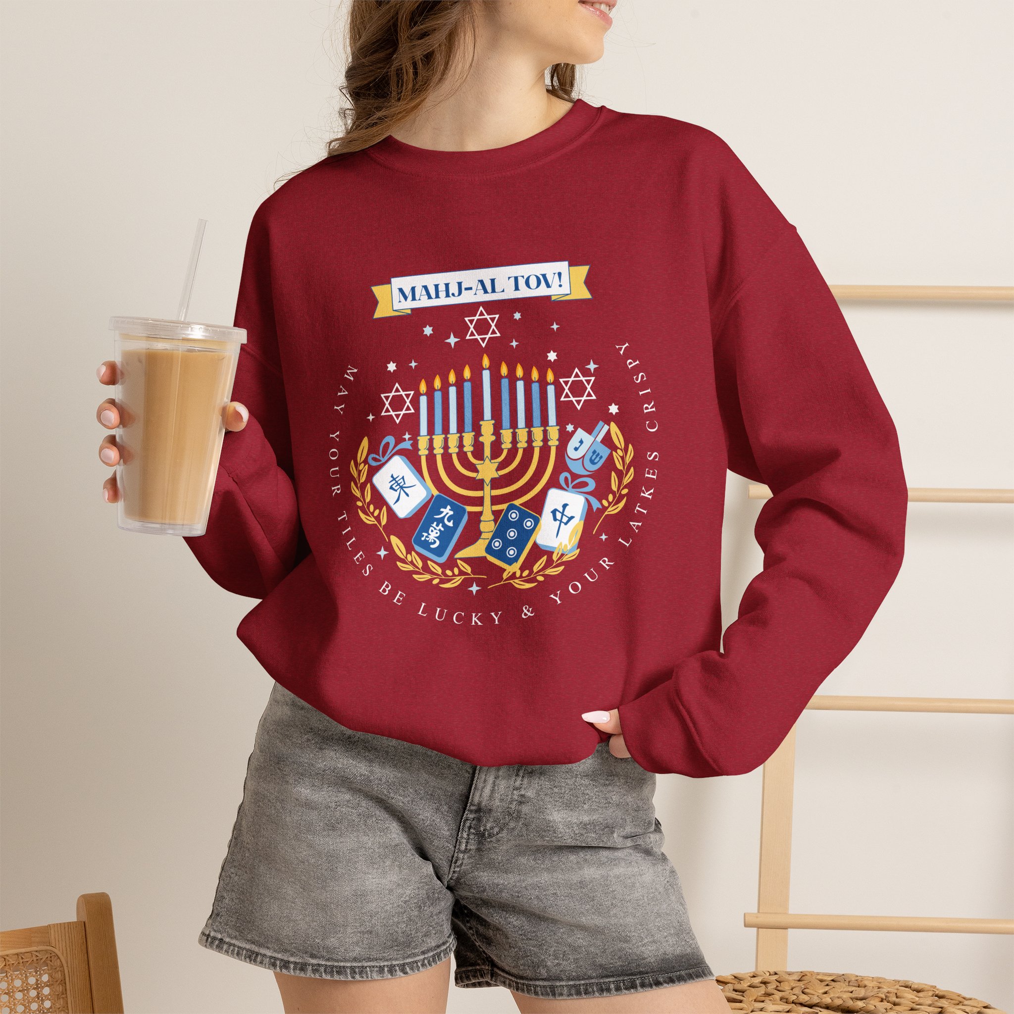 Mahj-al Tov! Hanukkah Mahjong Crewneck Sweatshirt | Lucky Tiles & Crispy Latkes Unisex Holiday Shirt - Image 68