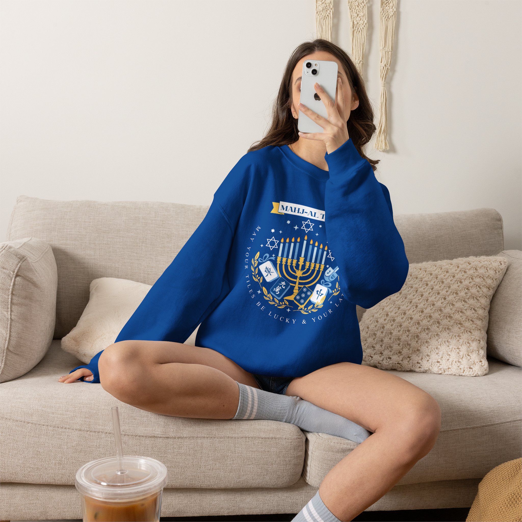 Mahj-al Tov! Hanukkah Mahjong Crewneck Sweatshirt | Lucky Tiles & Crispy Latkes Unisex Holiday Shirt - Image 48
