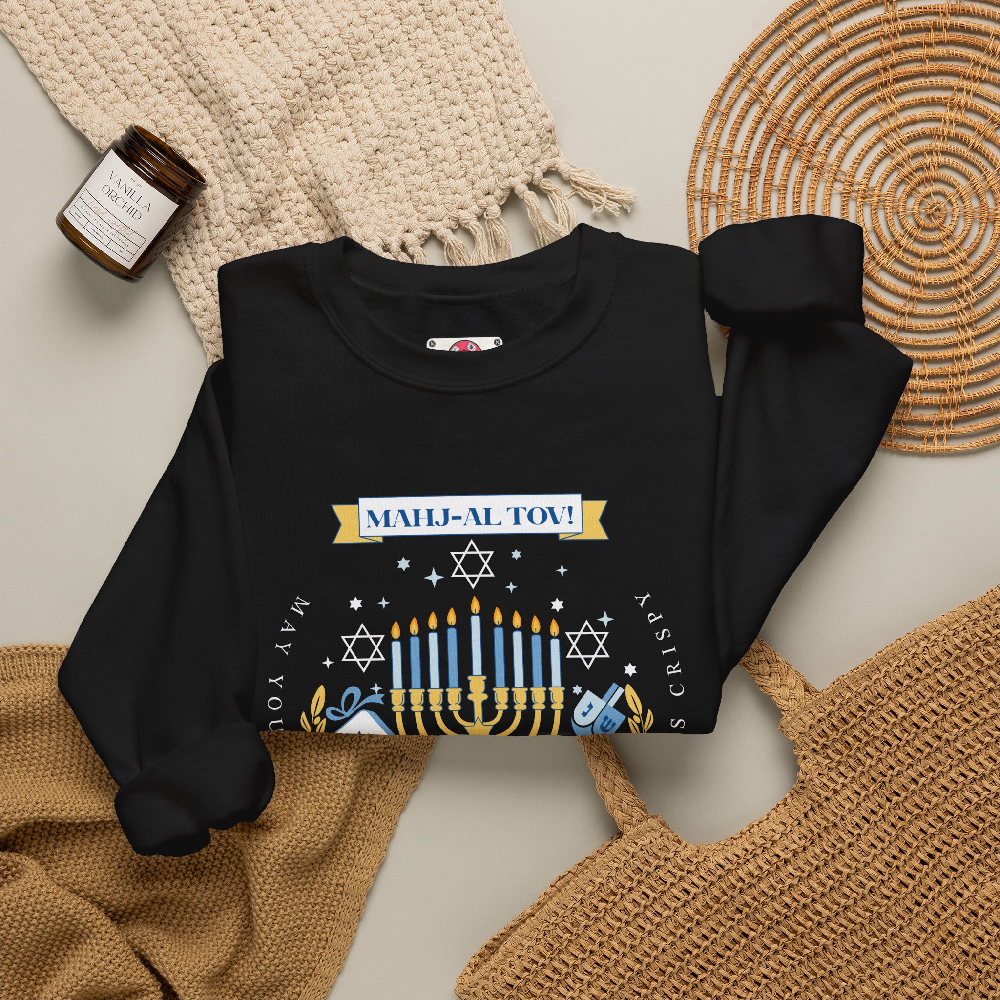 Mahj-al Tov! Hanukkah Mahjong Crewneck Sweatshirt | Lucky Tiles & Crispy Latkes Unisex Holiday Shirt - Image 5
