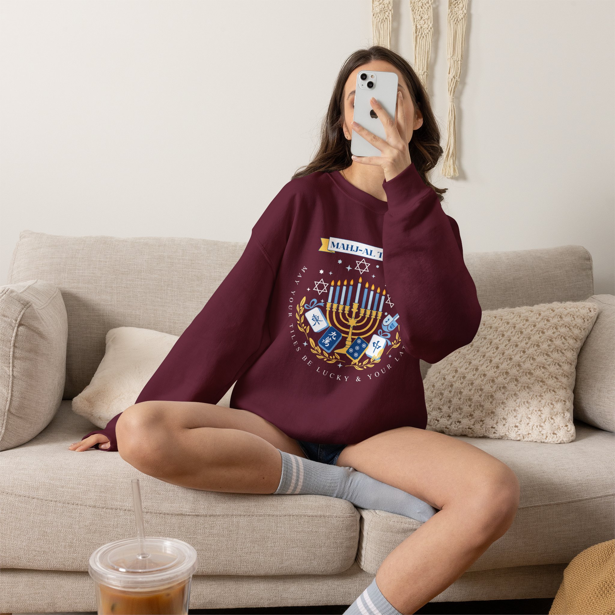 Mahj-al Tov! Hanukkah Mahjong Crewneck Sweatshirt | Lucky Tiles & Crispy Latkes Unisex Holiday Shirt - Image 13