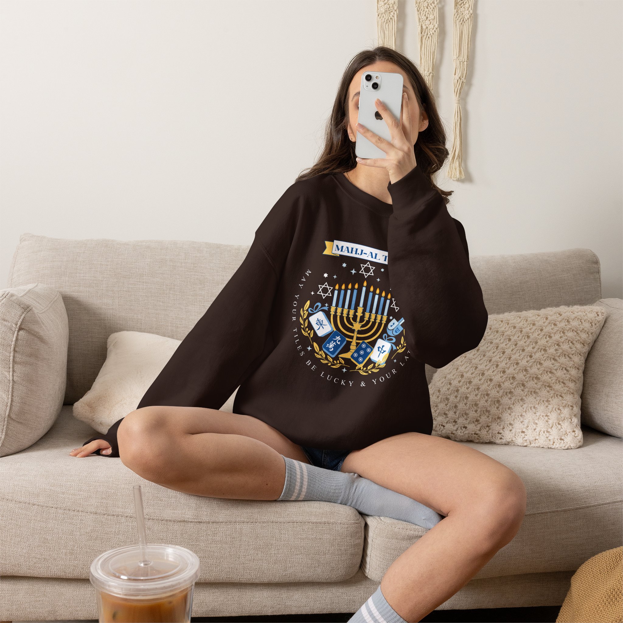 Mahj-al Tov! Hanukkah Mahjong Crewneck Sweatshirt | Lucky Tiles & Crispy Latkes Unisex Holiday Shirt - Image 20