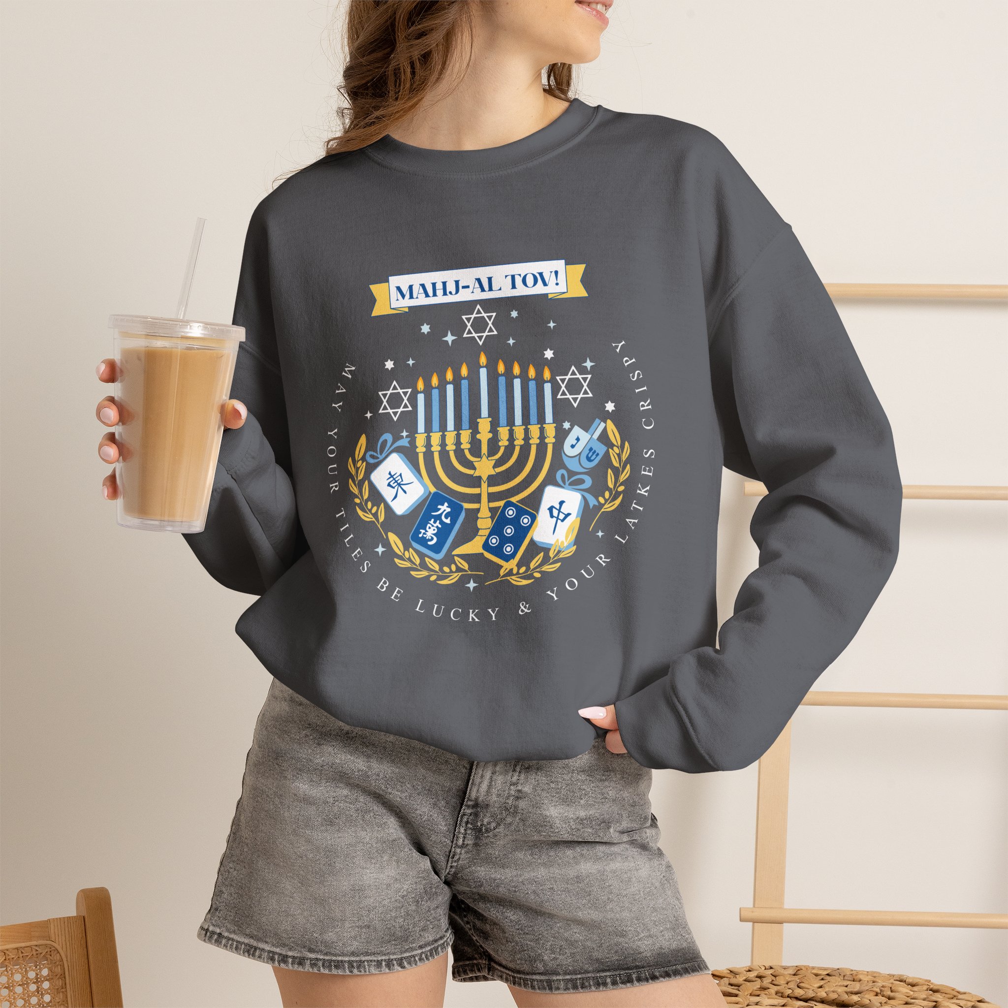 Mahj-al Tov! Hanukkah Mahjong Crewneck Sweatshirt | Lucky Tiles & Crispy Latkes Unisex Holiday Shirt - Image 40