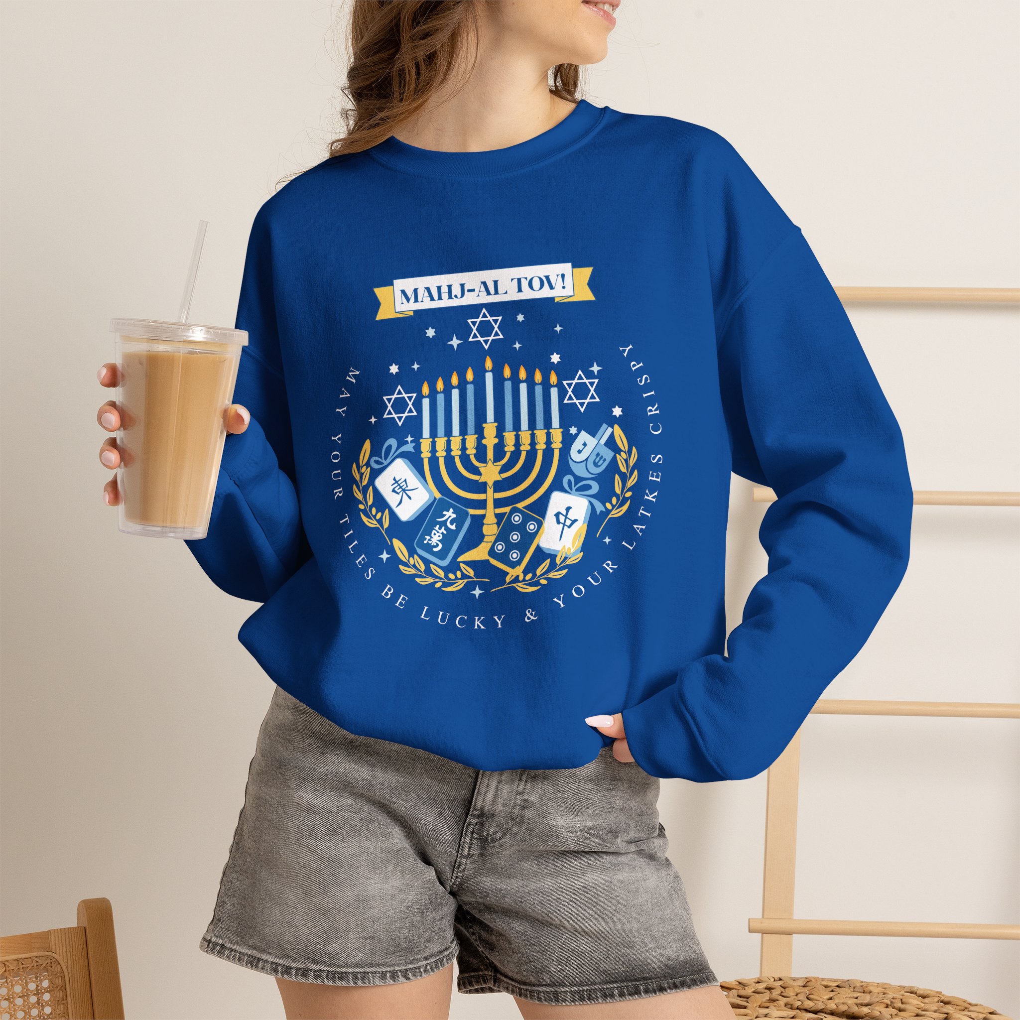Mahj-al Tov! Hanukkah Mahjong Crewneck Sweatshirt | Lucky Tiles & Crispy Latkes Unisex Holiday Shirt - Image 47
