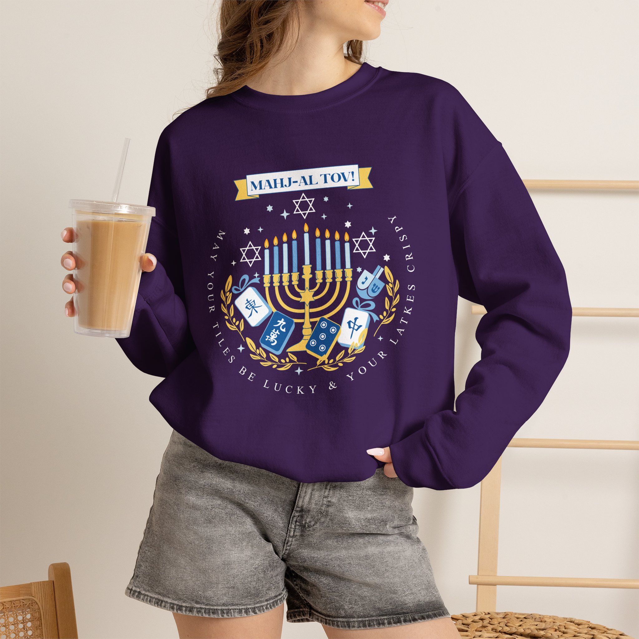 Mahj-al Tov! Hanukkah Mahjong Crewneck Sweatshirt | Lucky Tiles & Crispy Latkes Unisex Holiday Shirt - Image 61