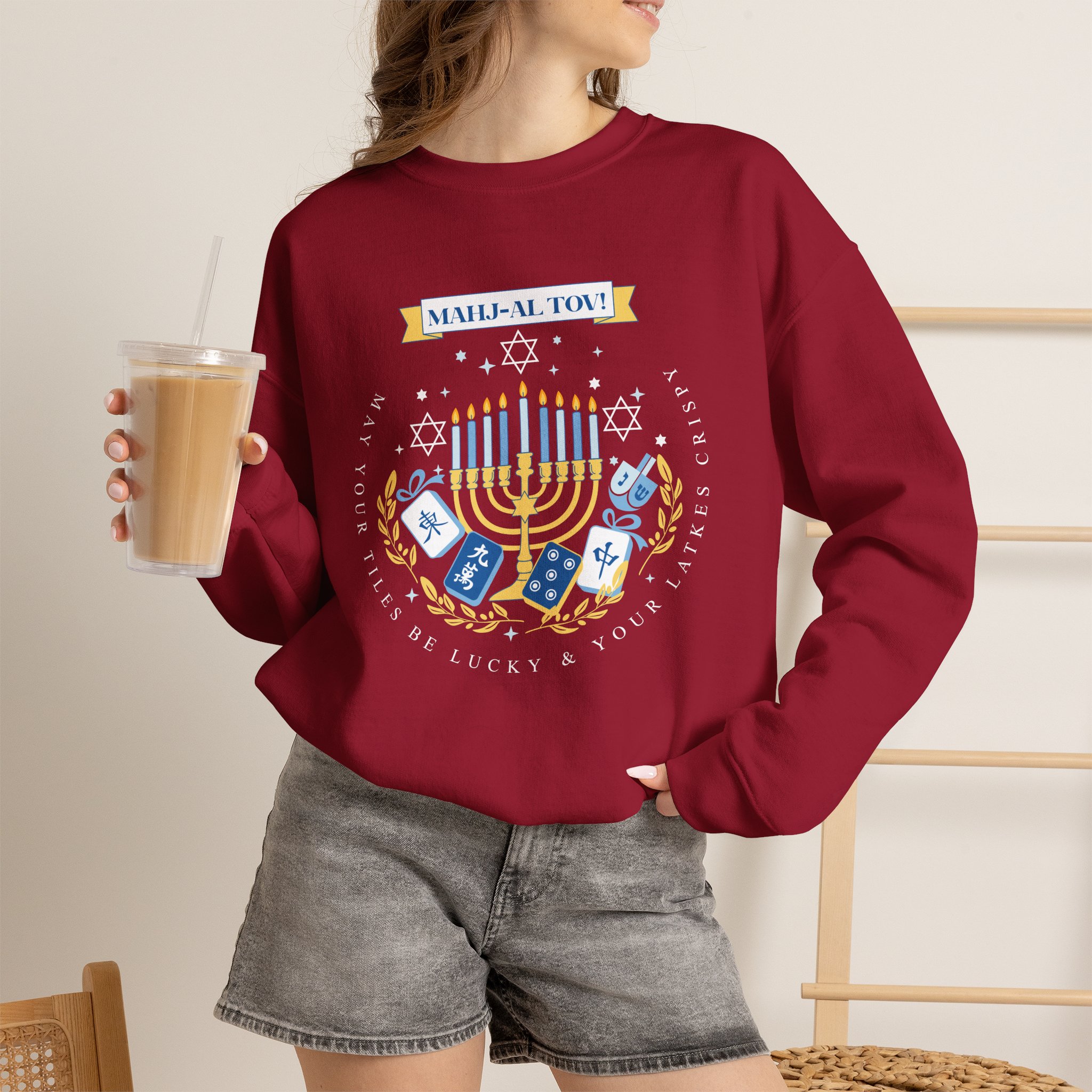 Mahj-al Tov! Hanukkah Mahjong Crewneck Sweatshirt | Lucky Tiles & Crispy Latkes Unisex Holiday Shirt - Image 82