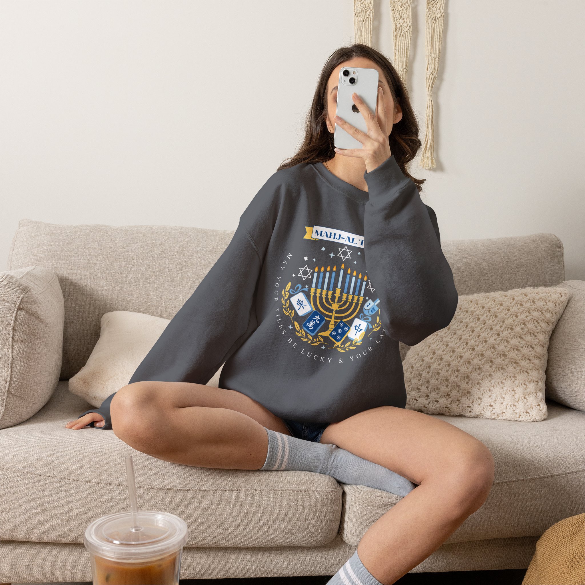 Mahj-al Tov! Hanukkah Mahjong Crewneck Sweatshirt | Lucky Tiles & Crispy Latkes Unisex Holiday Shirt - Image 41
