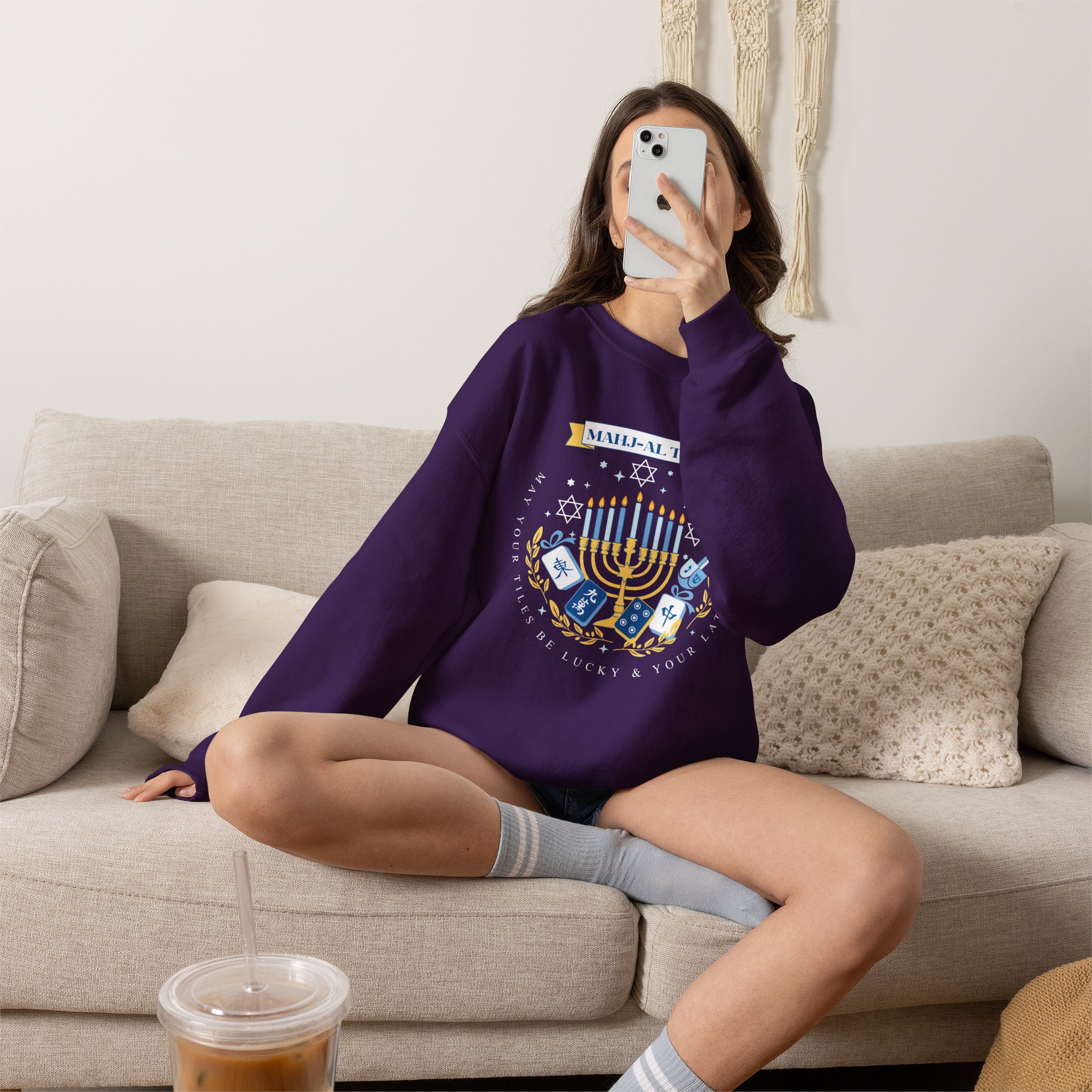Mahj-al Tov! Hanukkah Mahjong Crewneck Sweatshirt | Lucky Tiles & Crispy Latkes Unisex Holiday Shirt - Image 62