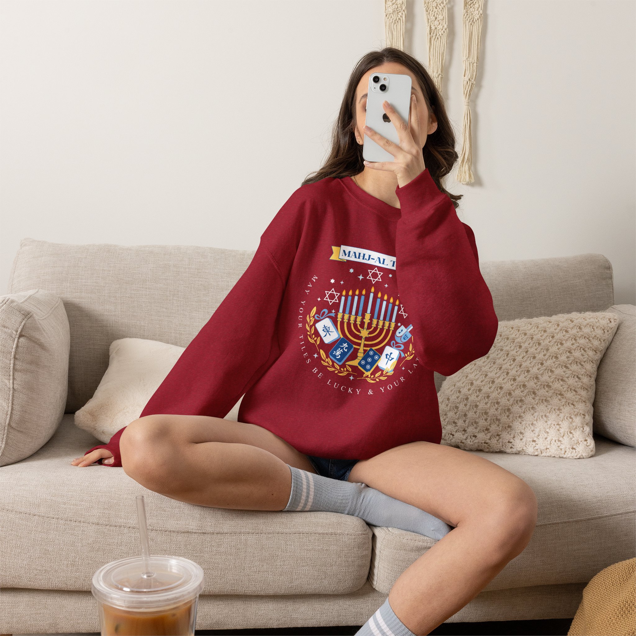 Mahj-al Tov! Hanukkah Mahjong Crewneck Sweatshirt | Lucky Tiles & Crispy Latkes Unisex Holiday Shirt - Image 69