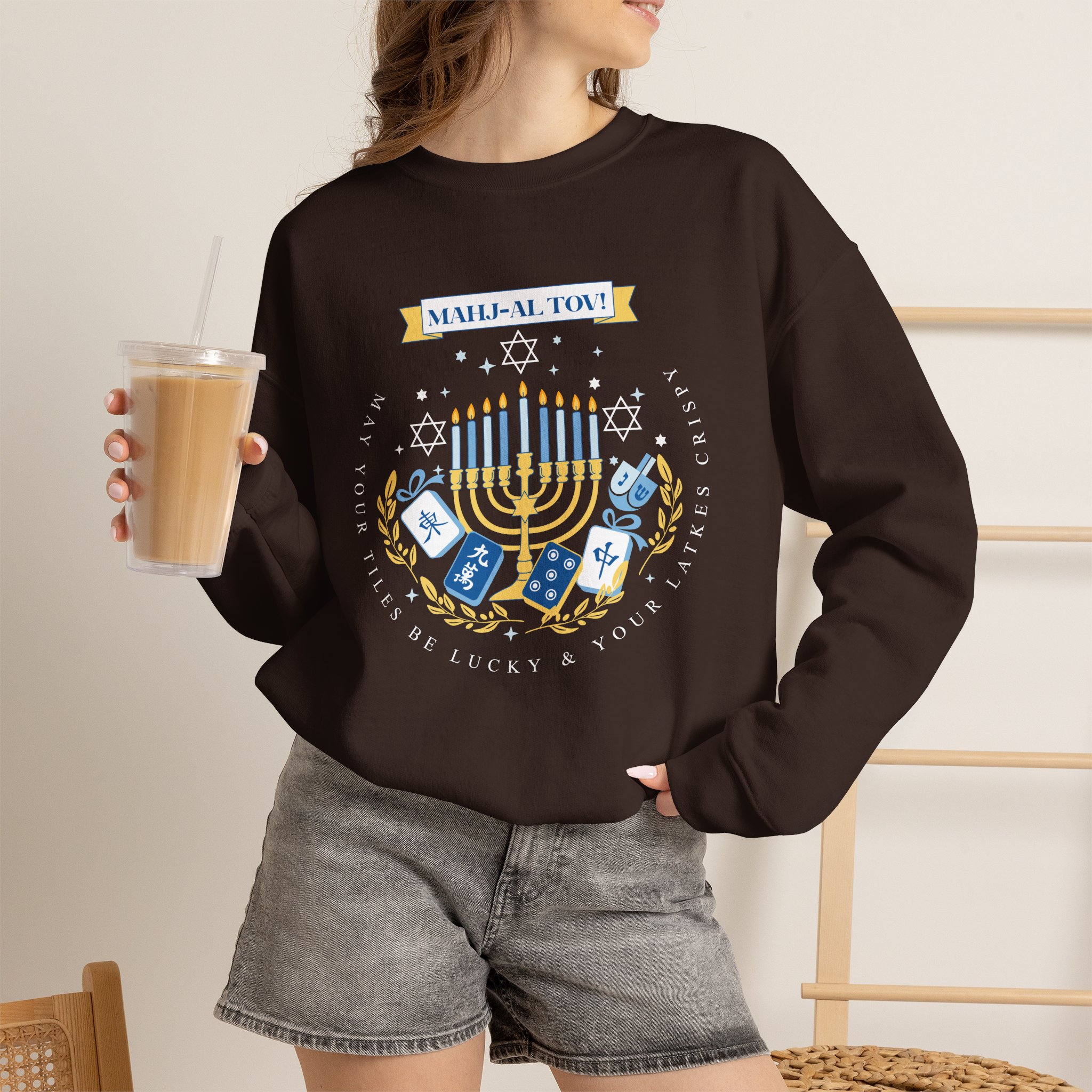 Mahj-al Tov! Hanukkah Mahjong Crewneck Sweatshirt | Lucky Tiles & Crispy Latkes Unisex Holiday Shirt - Image 19