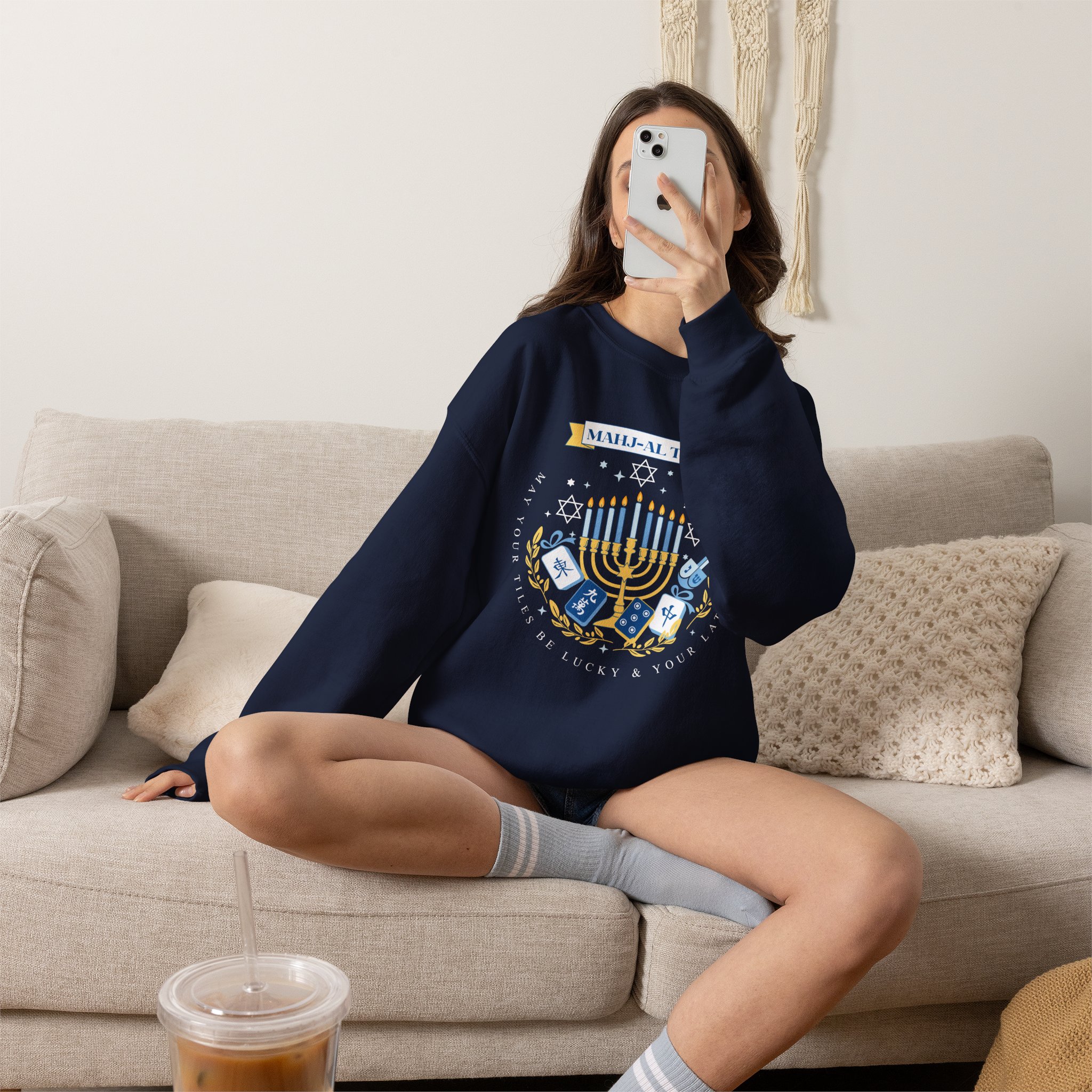 Mahj-al Tov! Hanukkah Mahjong Crewneck Sweatshirt | Lucky Tiles & Crispy Latkes Unisex Holiday Shirt - Image 55